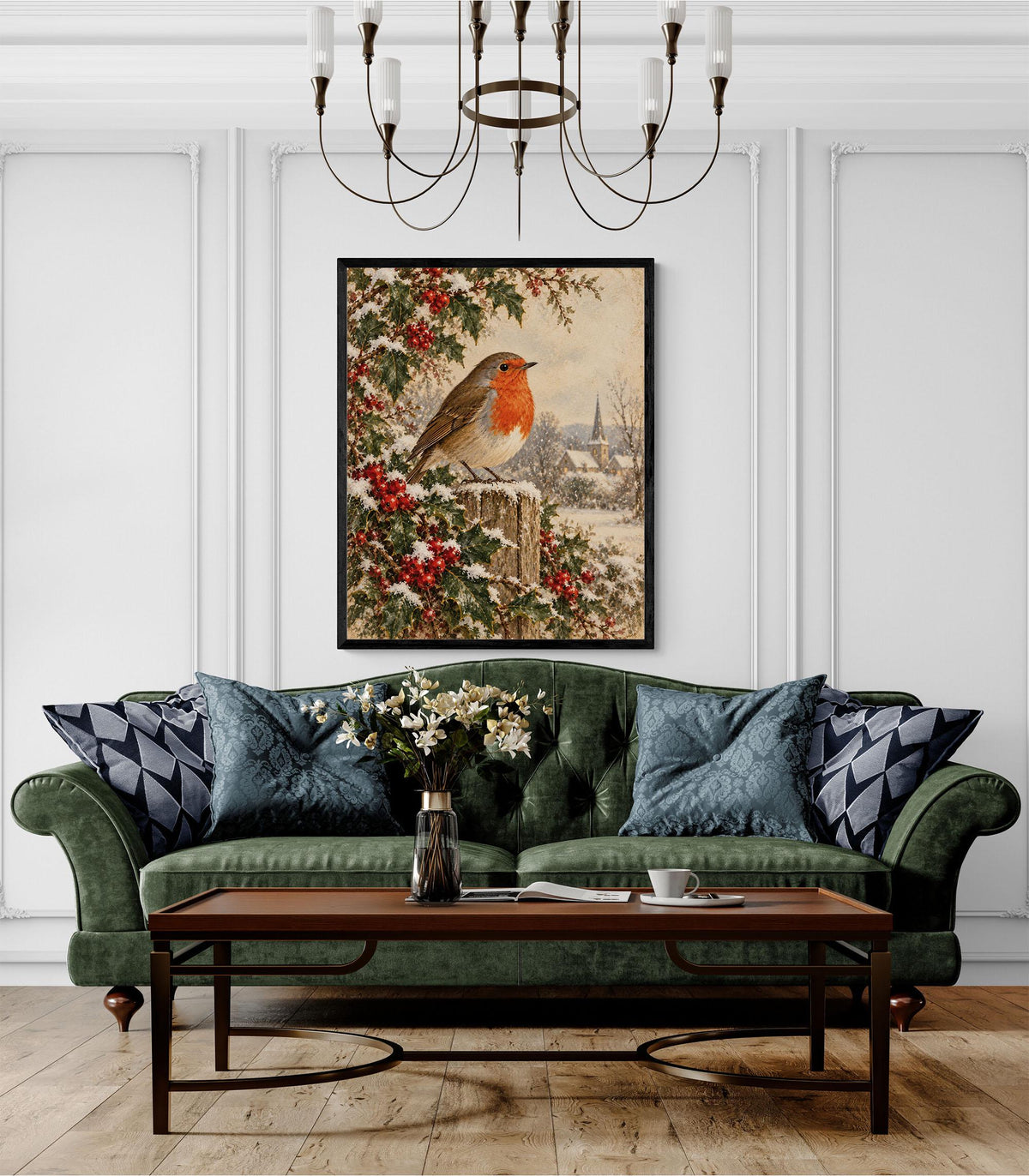 Christmas Robin Art Print, Vintage Christmas Bird Wall, Winter Holly and Berries, Landscape, Holiday Home Decor