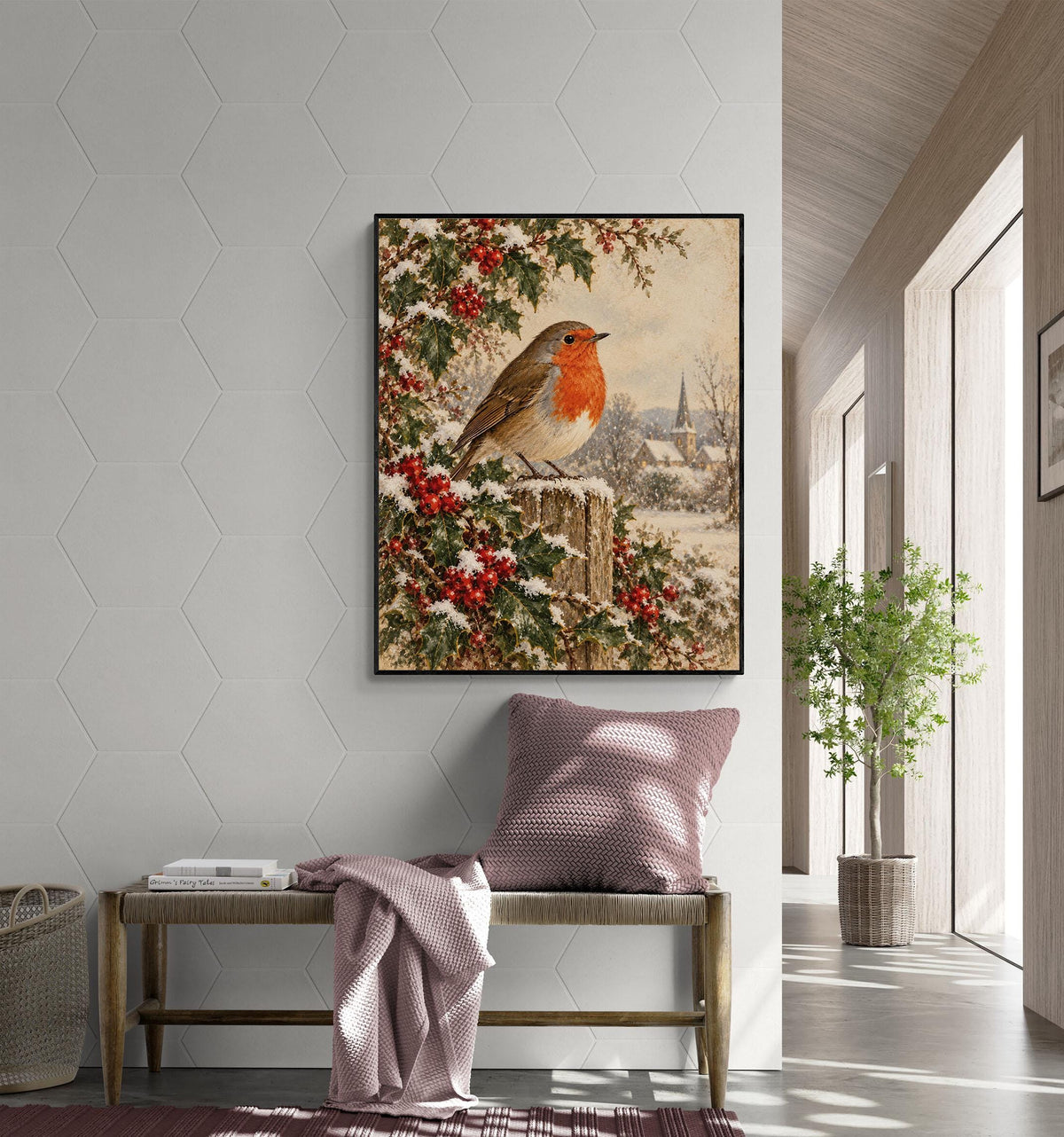 Christmas Robin Art Print, Vintage Christmas Bird Wall, Winter Holly and Berries, Landscape, Holiday Home Decor