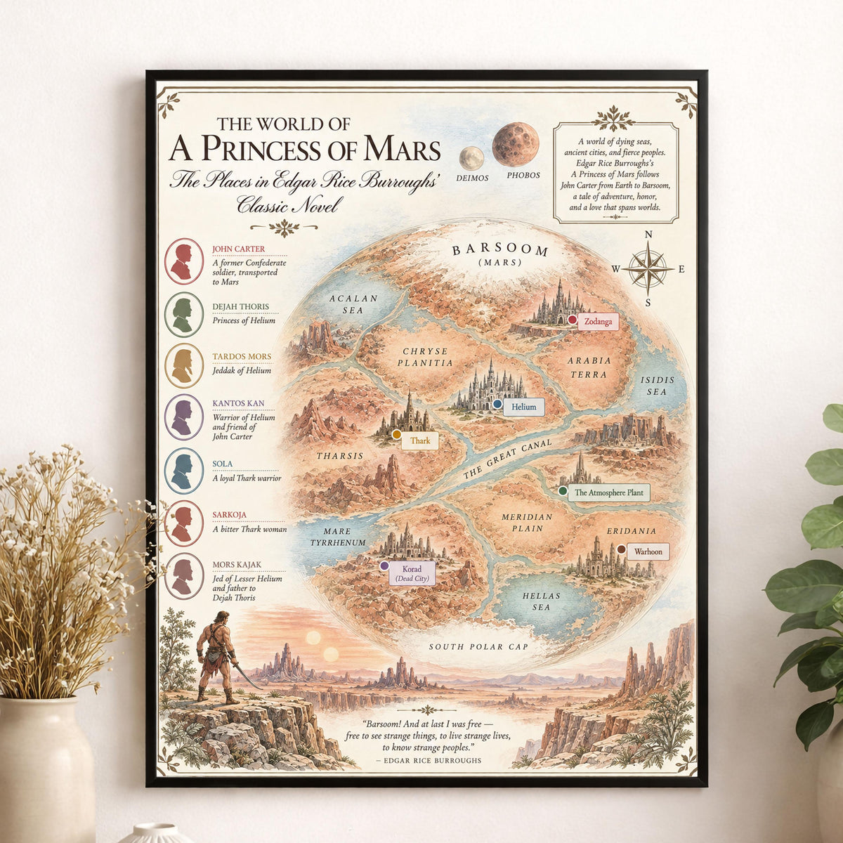 A Princess of Mars Book Map Art Print, Edgar Rice Burroughs Literary Wall Artwork, Home Decor, Library Gift, Classic Novel Poster
