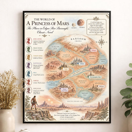 A Princess of Mars Book Map Art Print, Edgar Rice Burroughs Literary Wall Artwork, Home Decor, Library Gift, Classic Novel Poster