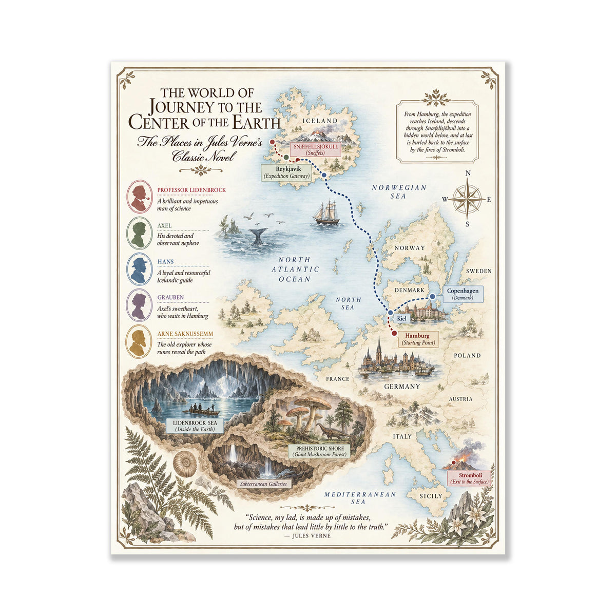 Journey To The Center of the Earth Book Map Art Print, Jules Verne Literary Wall Artwork, Home Decor, Library Gift, Classic Novel Poster