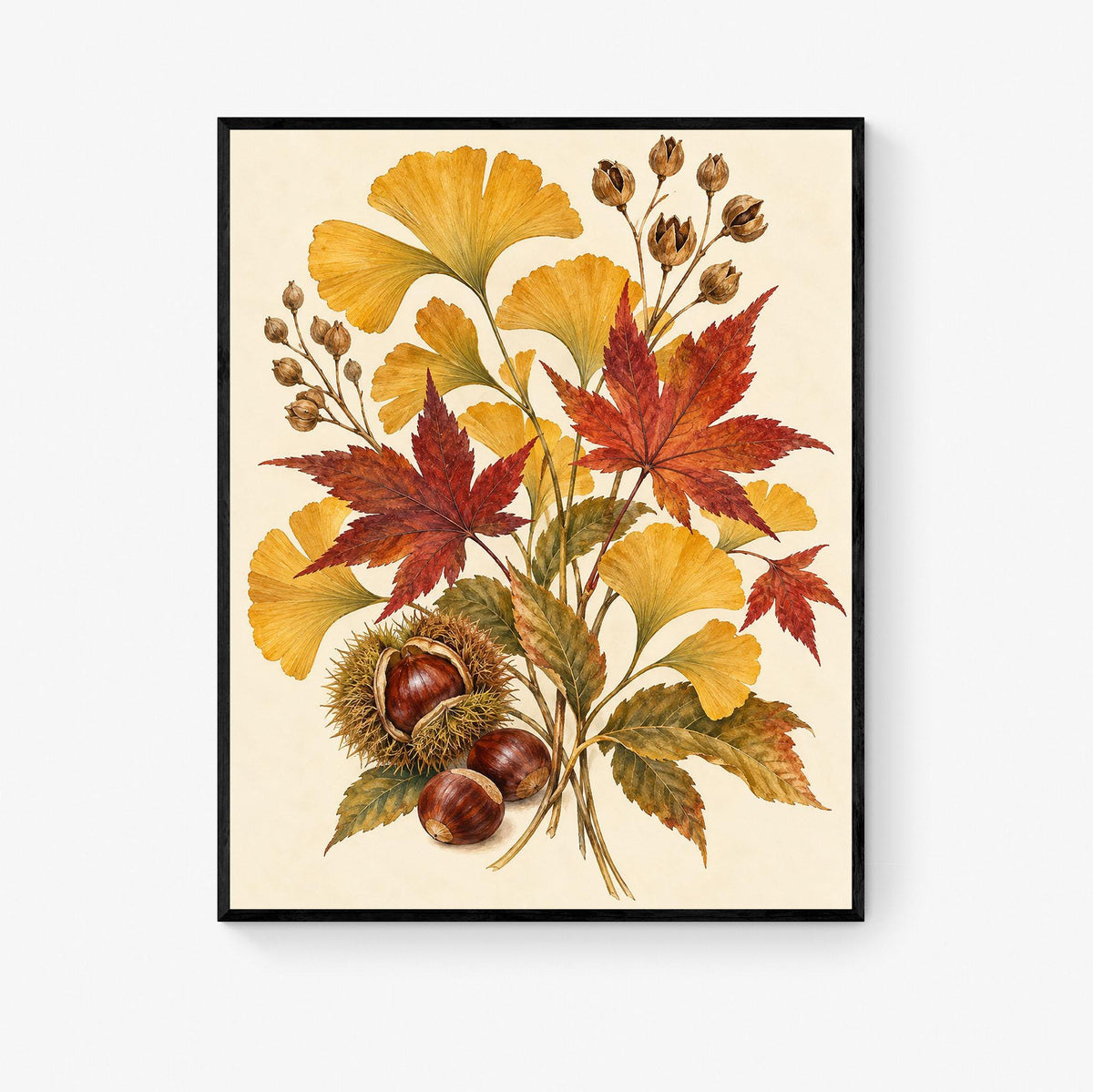 Golden Ginkgo & Maple Art Print | Autumn Botanical | Fall Leaves and Chestnuts | Wall Home Decor