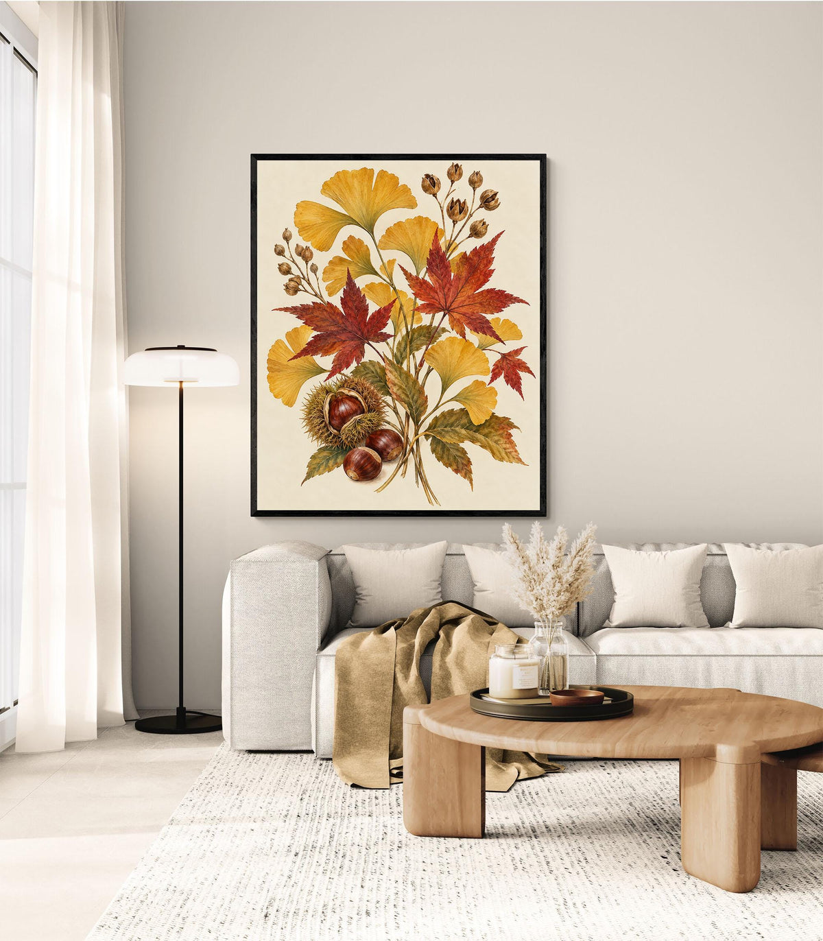 Golden Ginkgo & Maple Art Print | Autumn Botanical | Fall Leaves and Chestnuts | Wall Home Decor