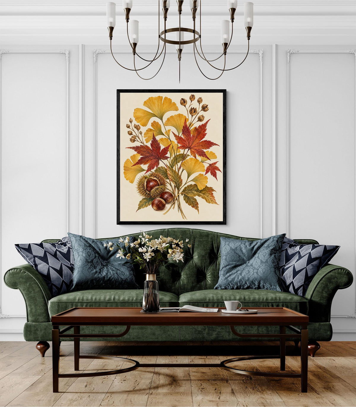 Golden Ginkgo & Maple Art Print | Autumn Botanical | Fall Leaves and Chestnuts | Wall Home Decor