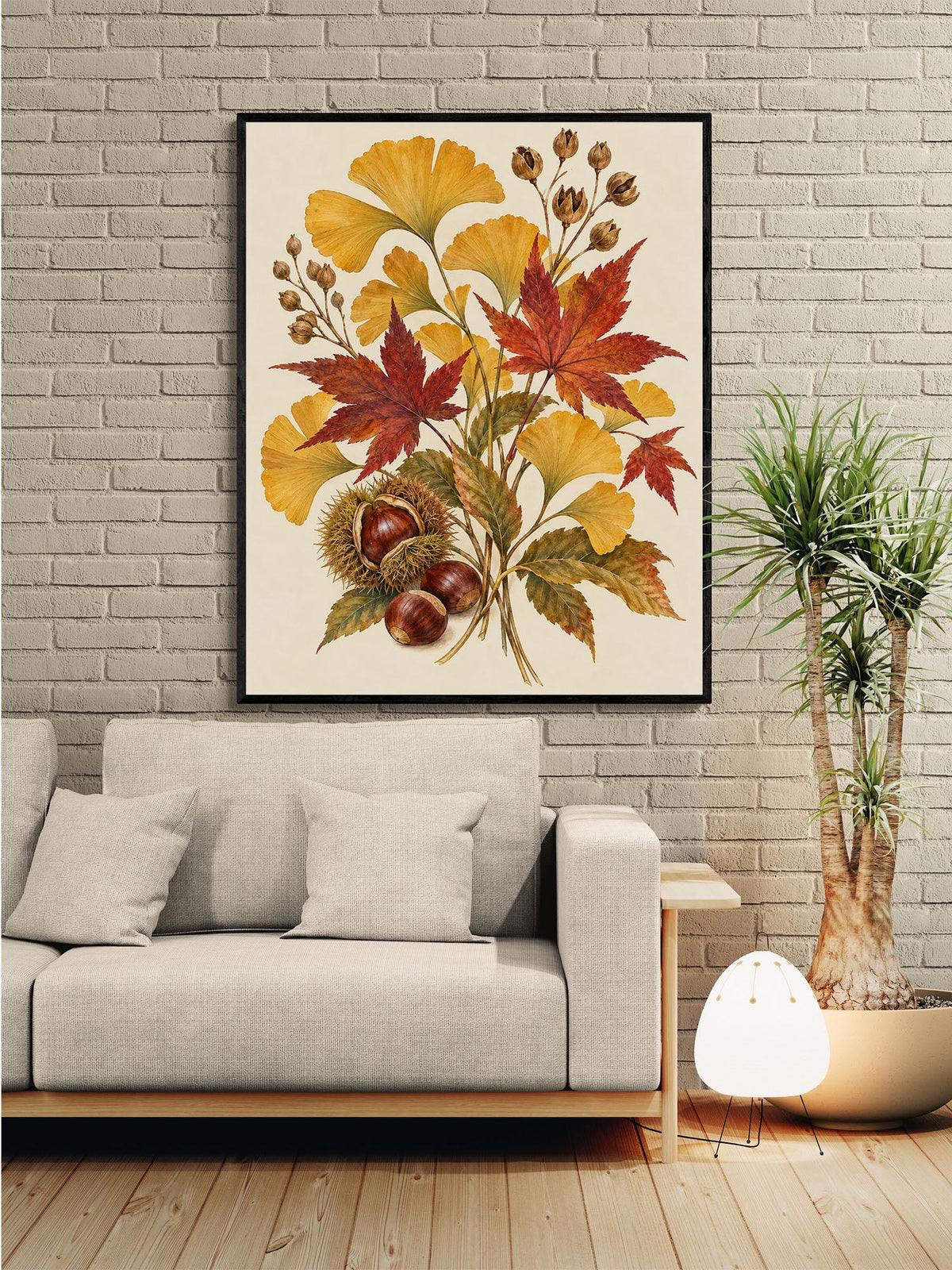 Golden Ginkgo & Maple Art Print | Autumn Botanical | Fall Leaves and Chestnuts | Wall Home Decor