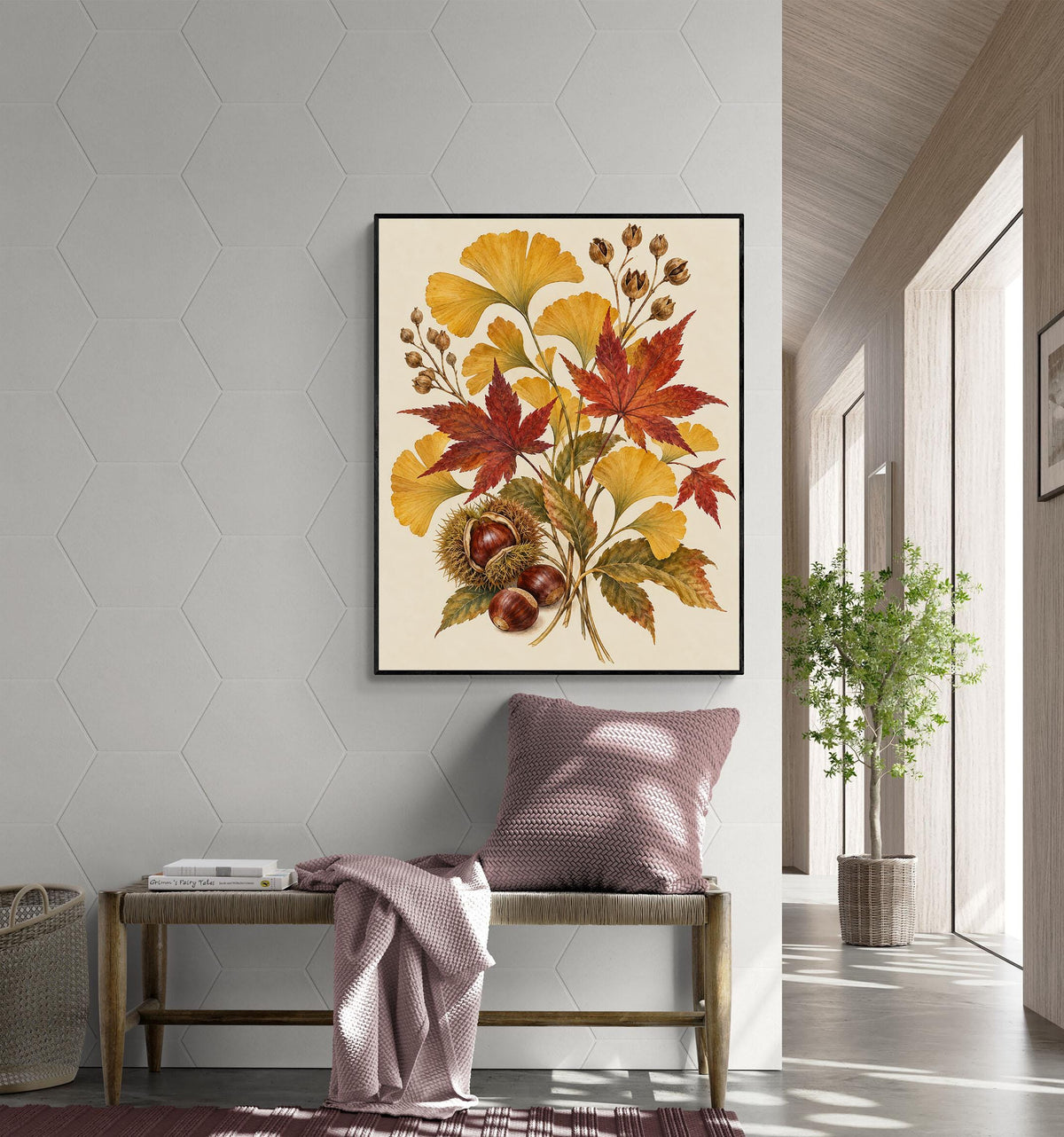 Golden Ginkgo & Maple Art Print | Autumn Botanical | Fall Leaves and Chestnuts | Wall Home Decor