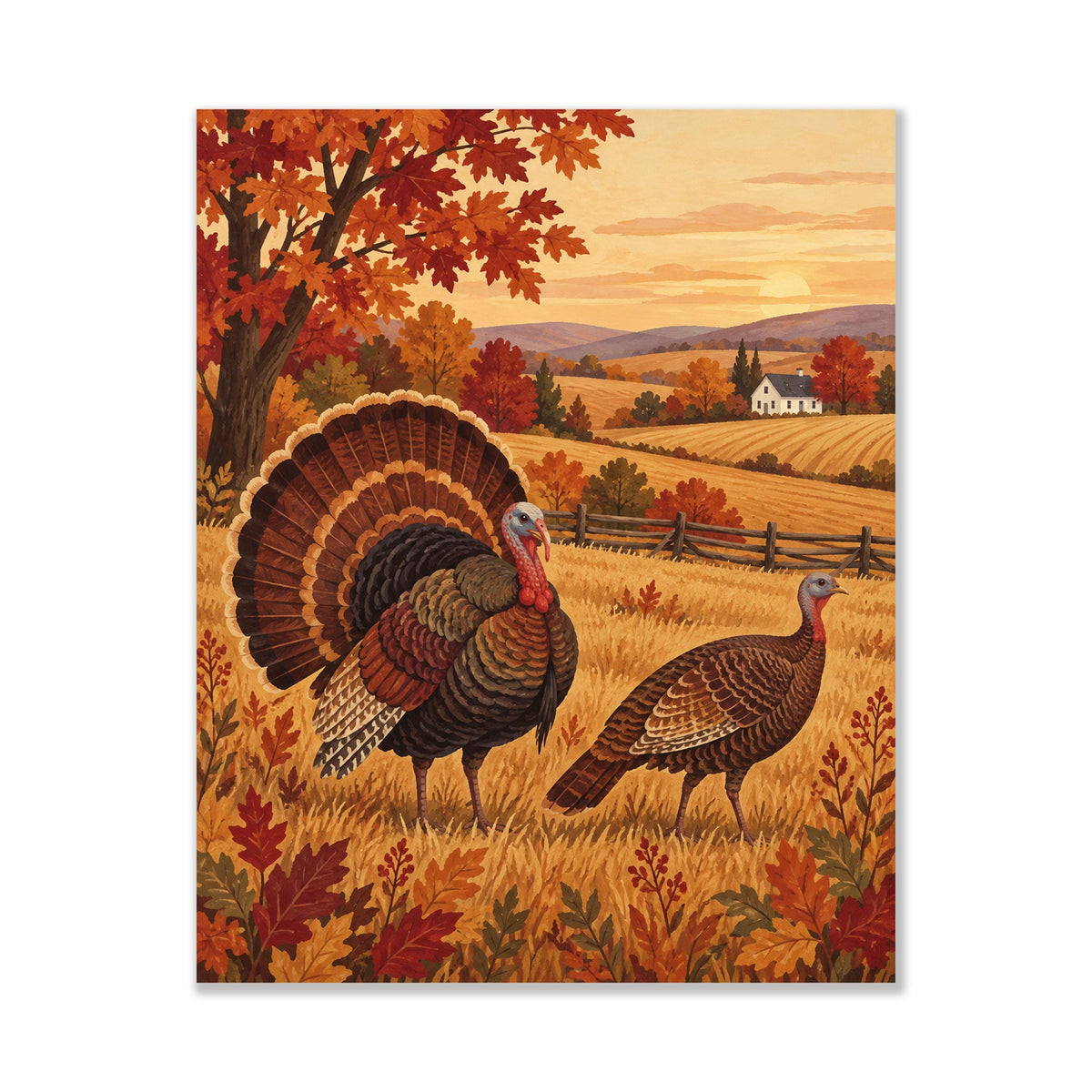 Autumn Countryside Landscape Art Print | Turkey Farm | Vintage Fall | Home Decor