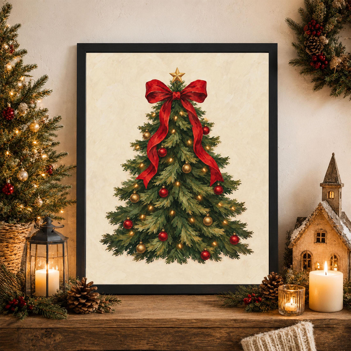 Christmas Tree Art Print, Vintage Holiday Wall Artwork, Home Decor