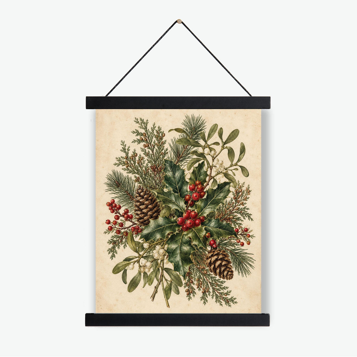Christmas Botanical Art Print, Vintage Mistletoe Holiday Wall Artwork, Home Decor