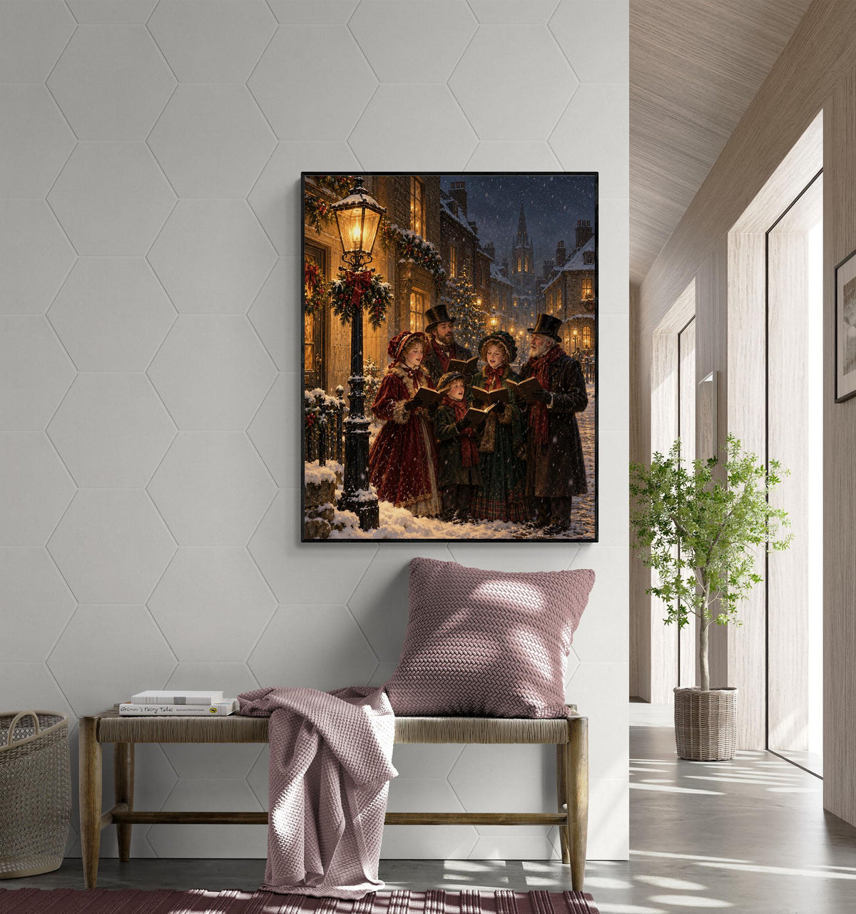 Victorian Christmas Carolers Art Print, Snowy Village Holiday Wall Artwork, Home Decor