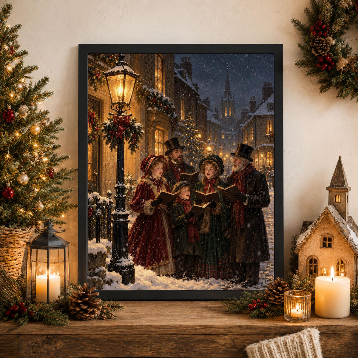 Victorian Christmas Carolers Art Print, Snowy Village Holiday Wall Artwork, Home Decor