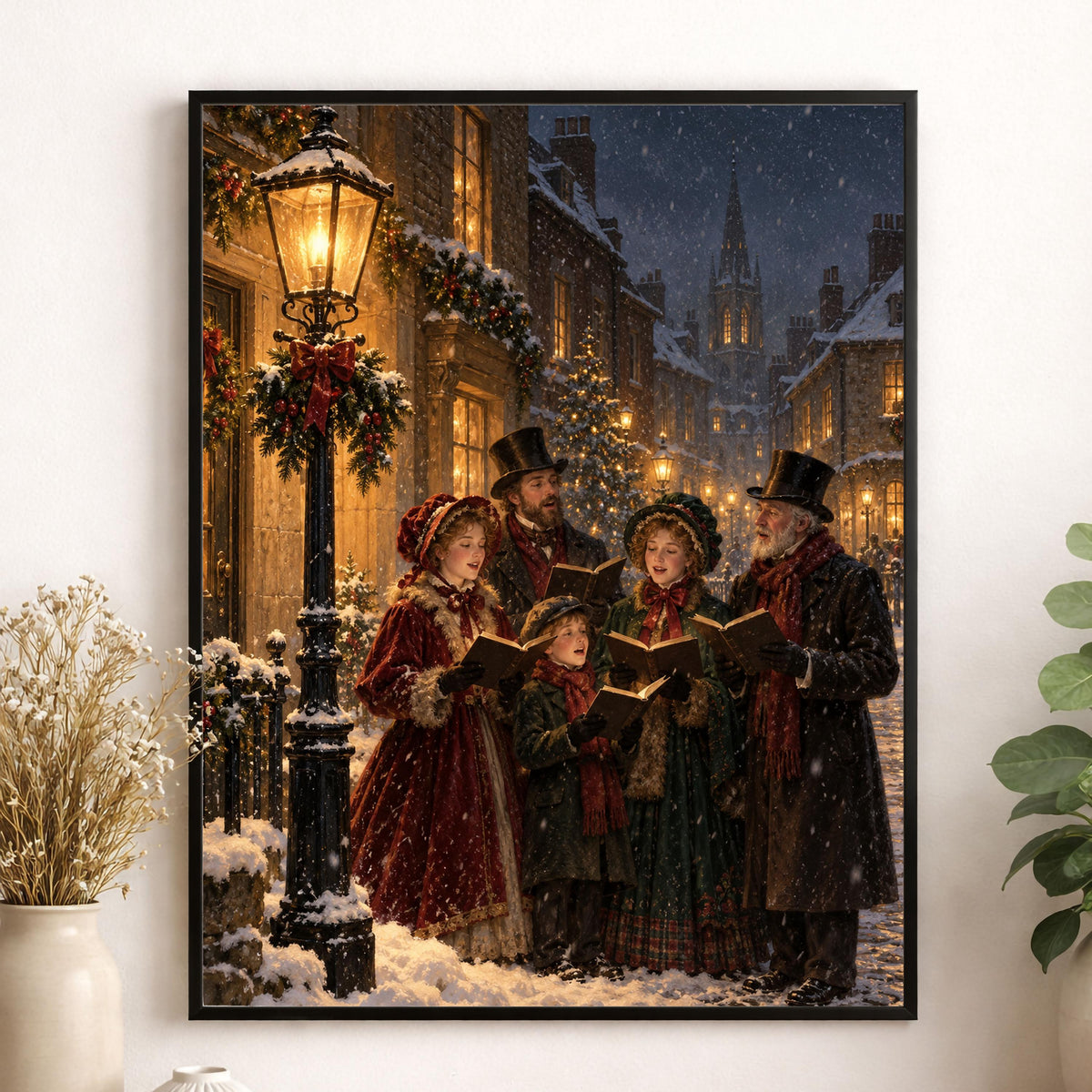Victorian Christmas Carolers Art Print, Snowy Village Holiday Wall Artwork, Home Decor