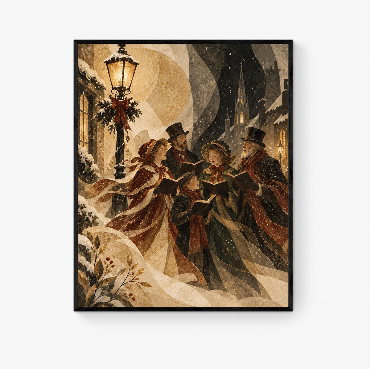 Victorian Christmas Carolers Art Print, Beige Holiday Wall Artwork, Home Decor