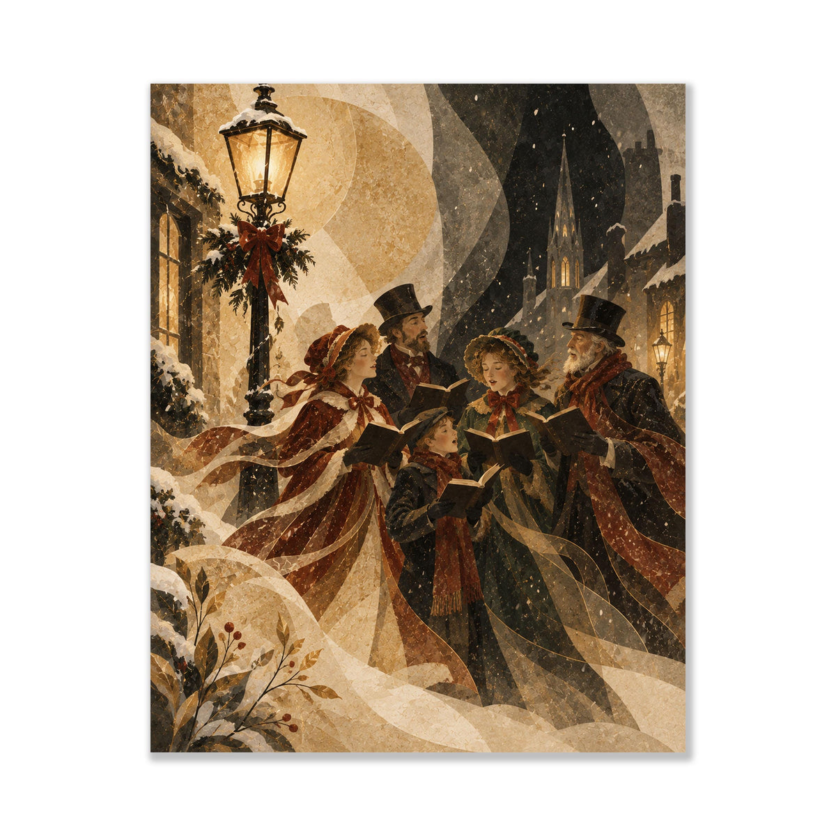 Victorian Christmas Carolers Art Print, Beige Holiday Wall Artwork, Home Decor