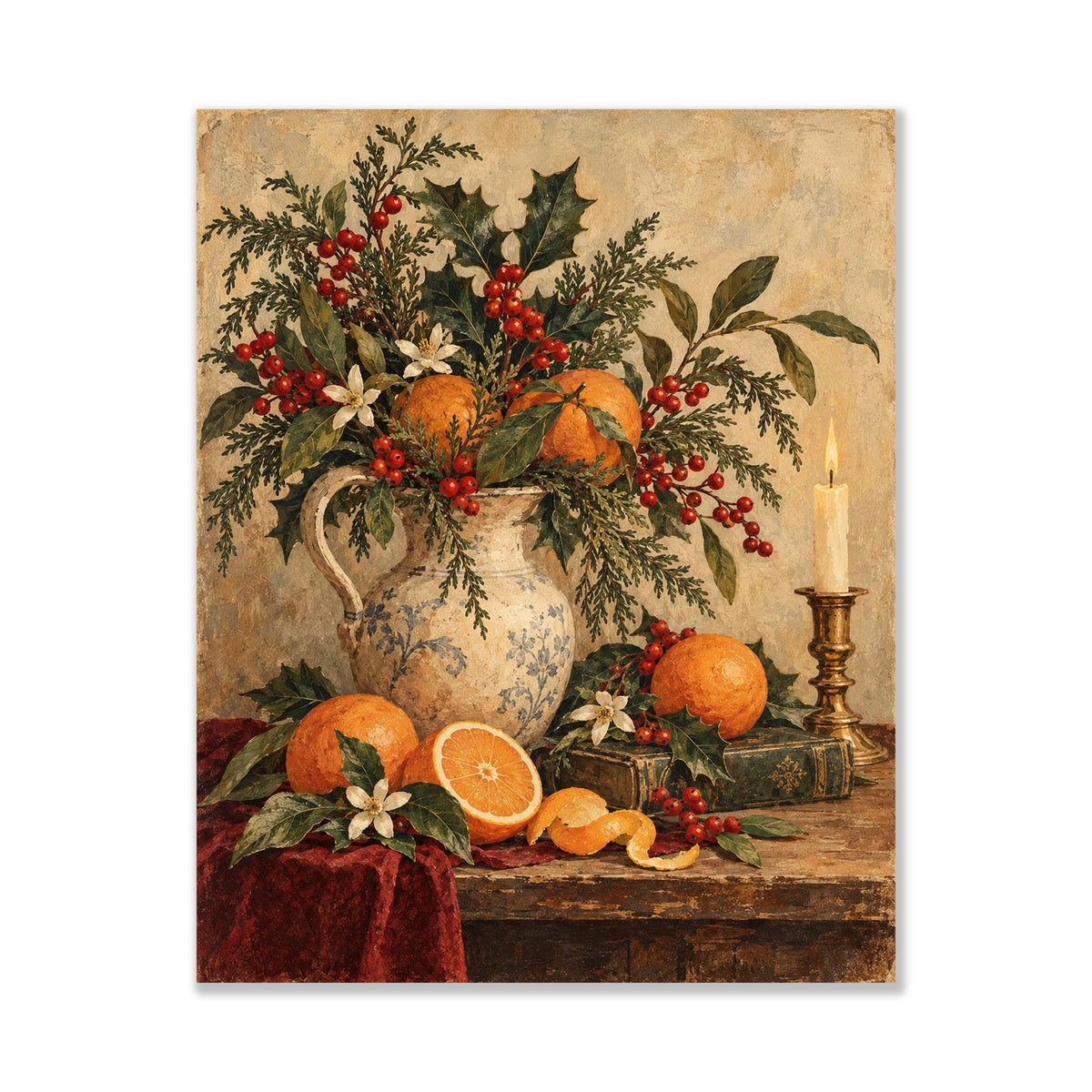 Vintage Christmas Citrus Art Print, Old World Holiday Wall Artwork, Home Decor