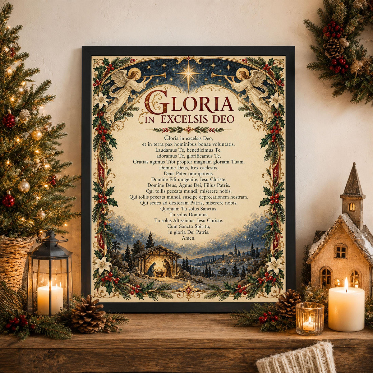 Gloria In Excelsis Deo Art Print, Latin Christmas Hymn Holiday Wall Artwork, Home Decor