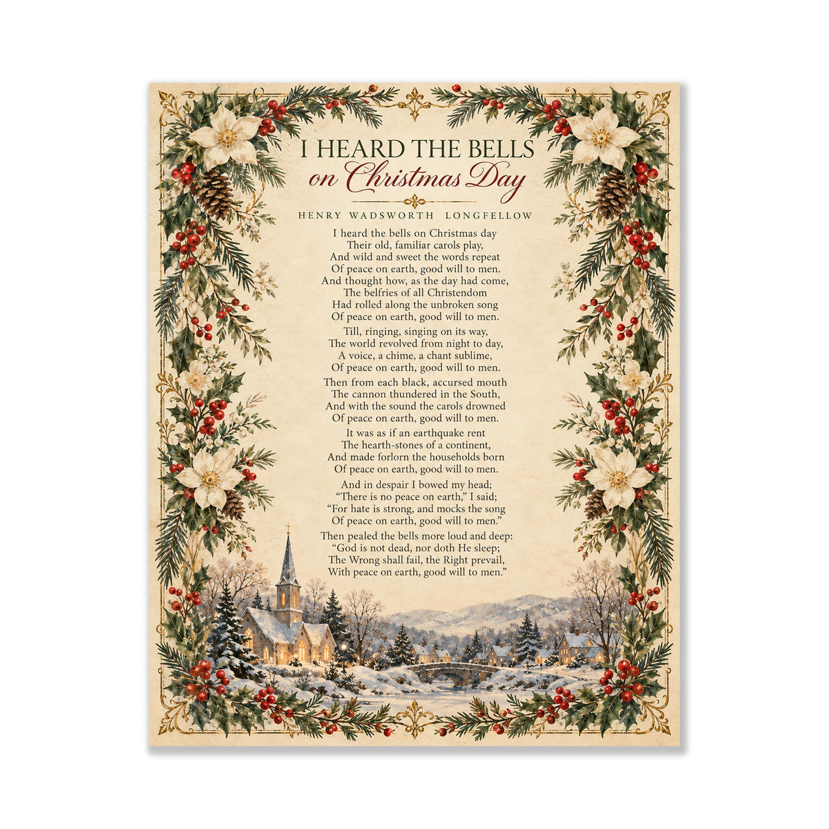 I Heard The Bells On Christmas Art Print, Longfellow Holiday Wall Artwork, Poem Home Decor