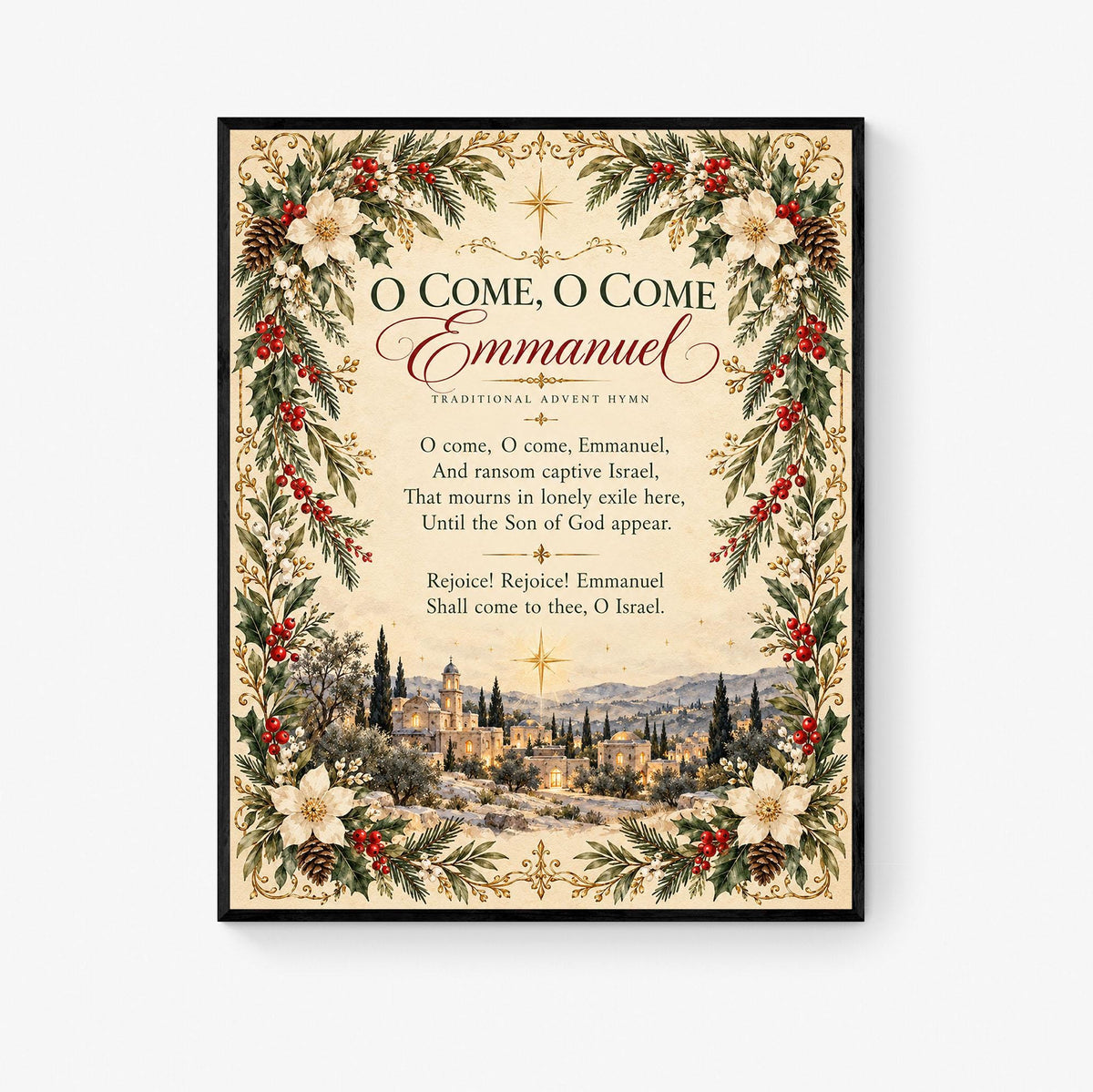 O Come Emmanuel Art Print, Christmas Hymn Holiday Wall Artwork, Home Decor
