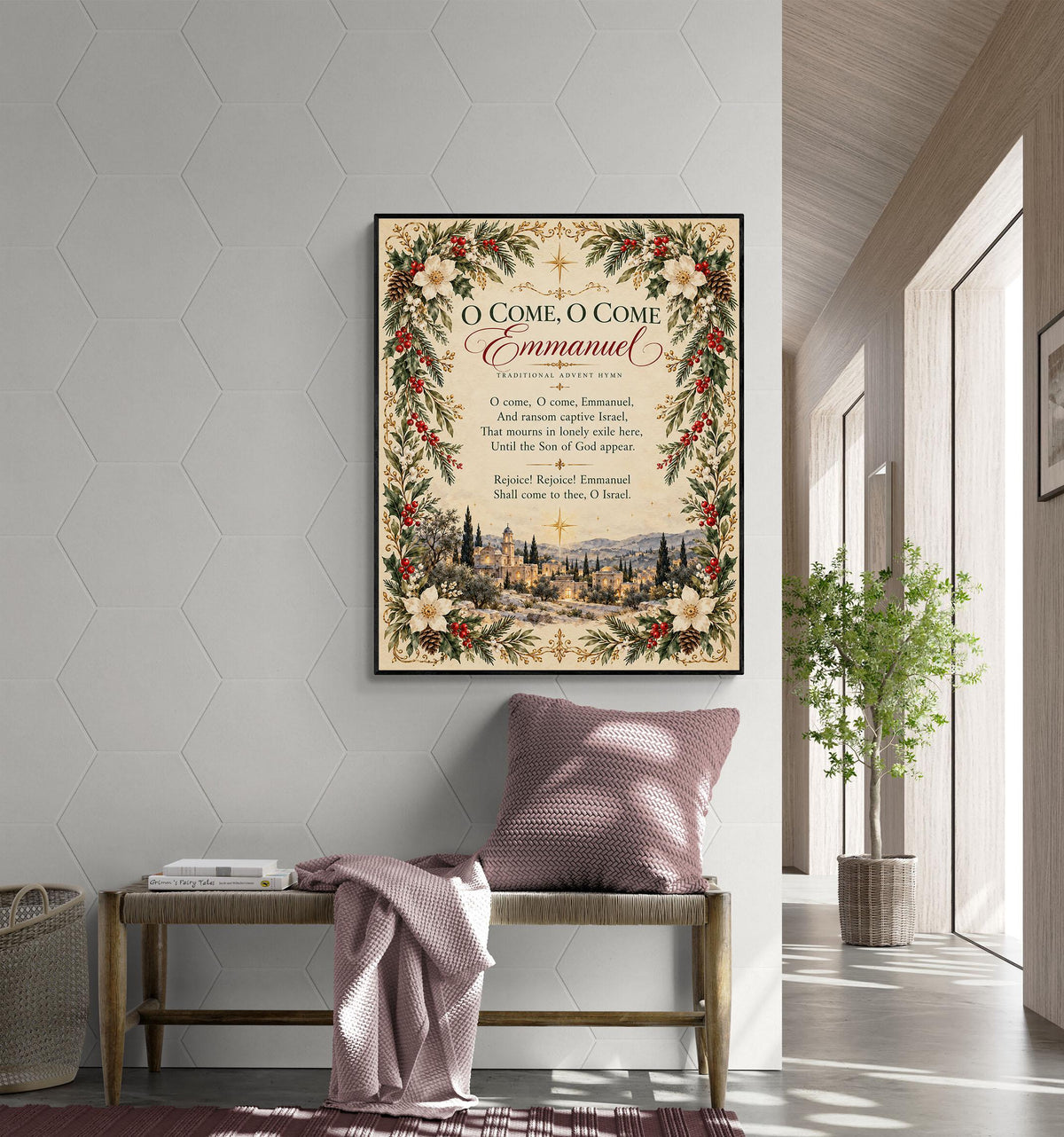 O Come Emmanuel Art Print, Christmas Hymn Holiday Wall Artwork, Home Decor