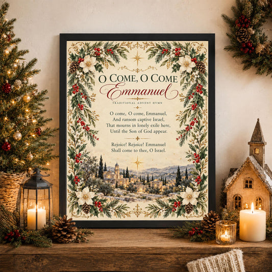 O Come Emmanuel Art Print, Christmas Hymn Holiday Wall Artwork, Home Decor