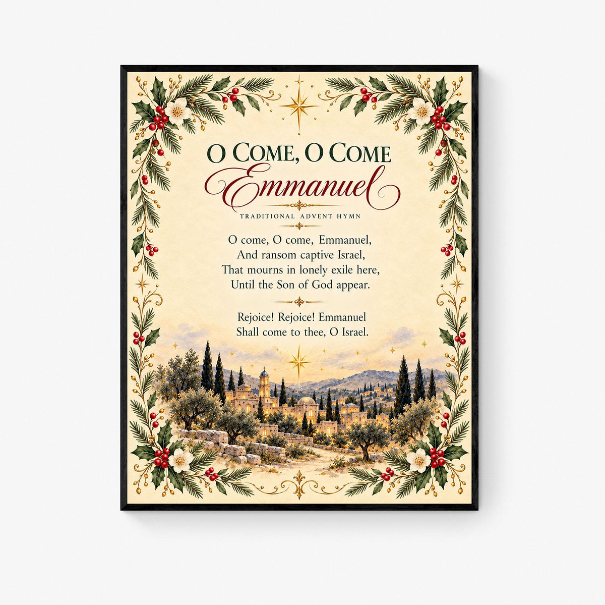 O Come Emmanuel Art Print, Christmas Floral Hymn Holiday Wall Artwork, Home Decor