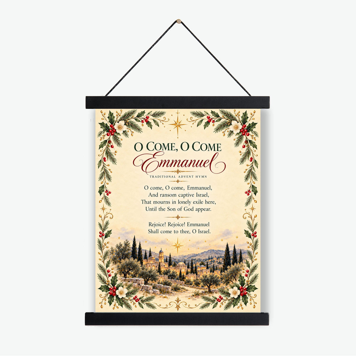 O Come Emmanuel Art Print, Christmas Floral Hymn Holiday Wall Artwork, Home Decor