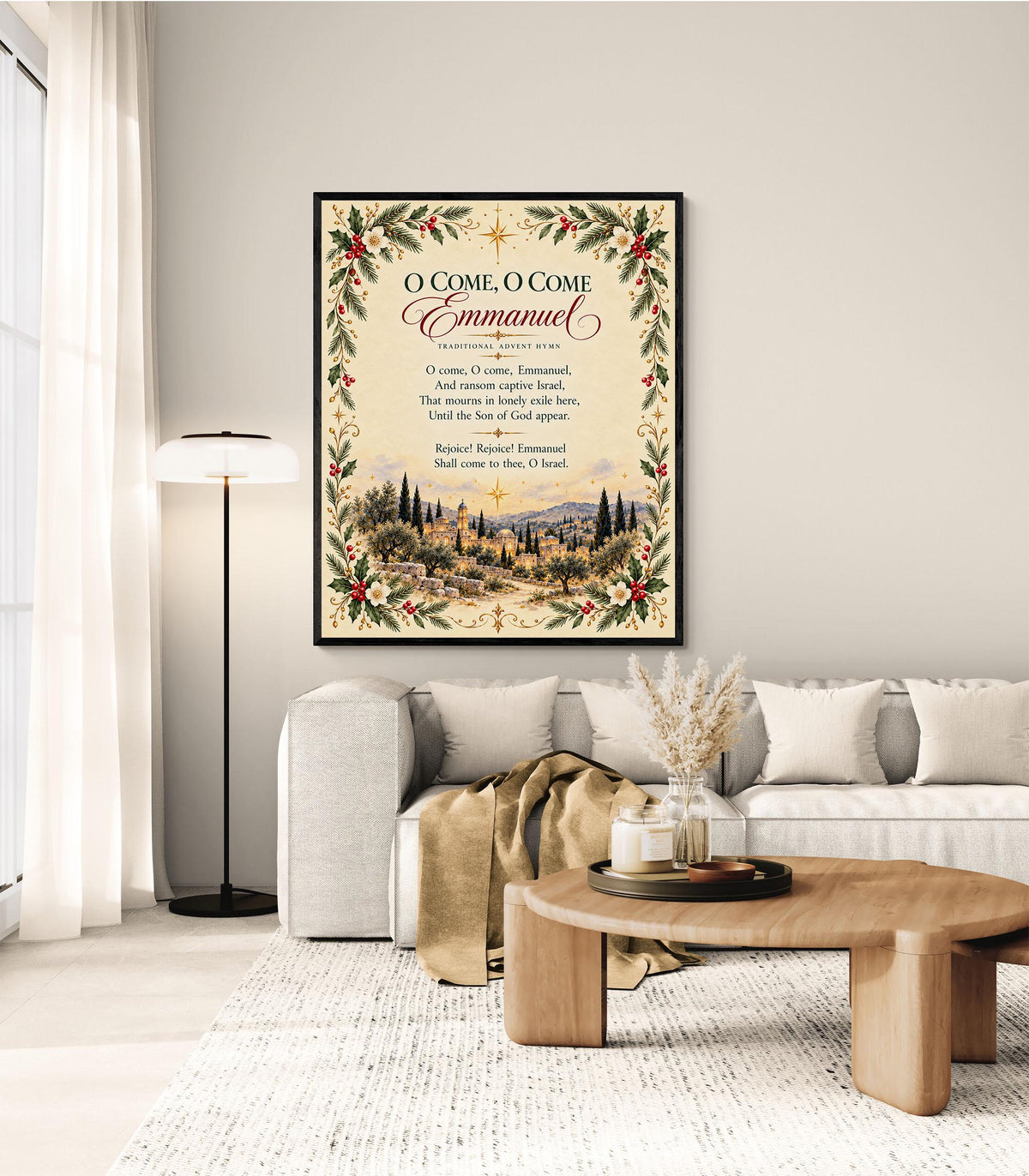 O Come Emmanuel Art Print, Christmas Floral Hymn Holiday Wall Artwork, Home Decor
