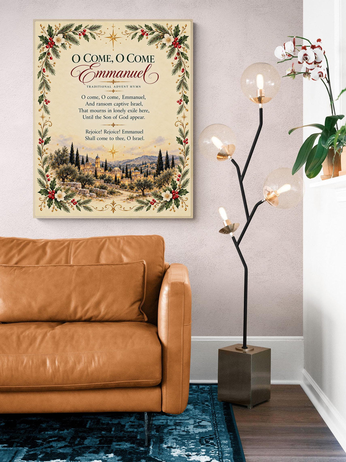 O Come Emmanuel Art Print, Christmas Floral Hymn Holiday Wall Artwork, Home Decor