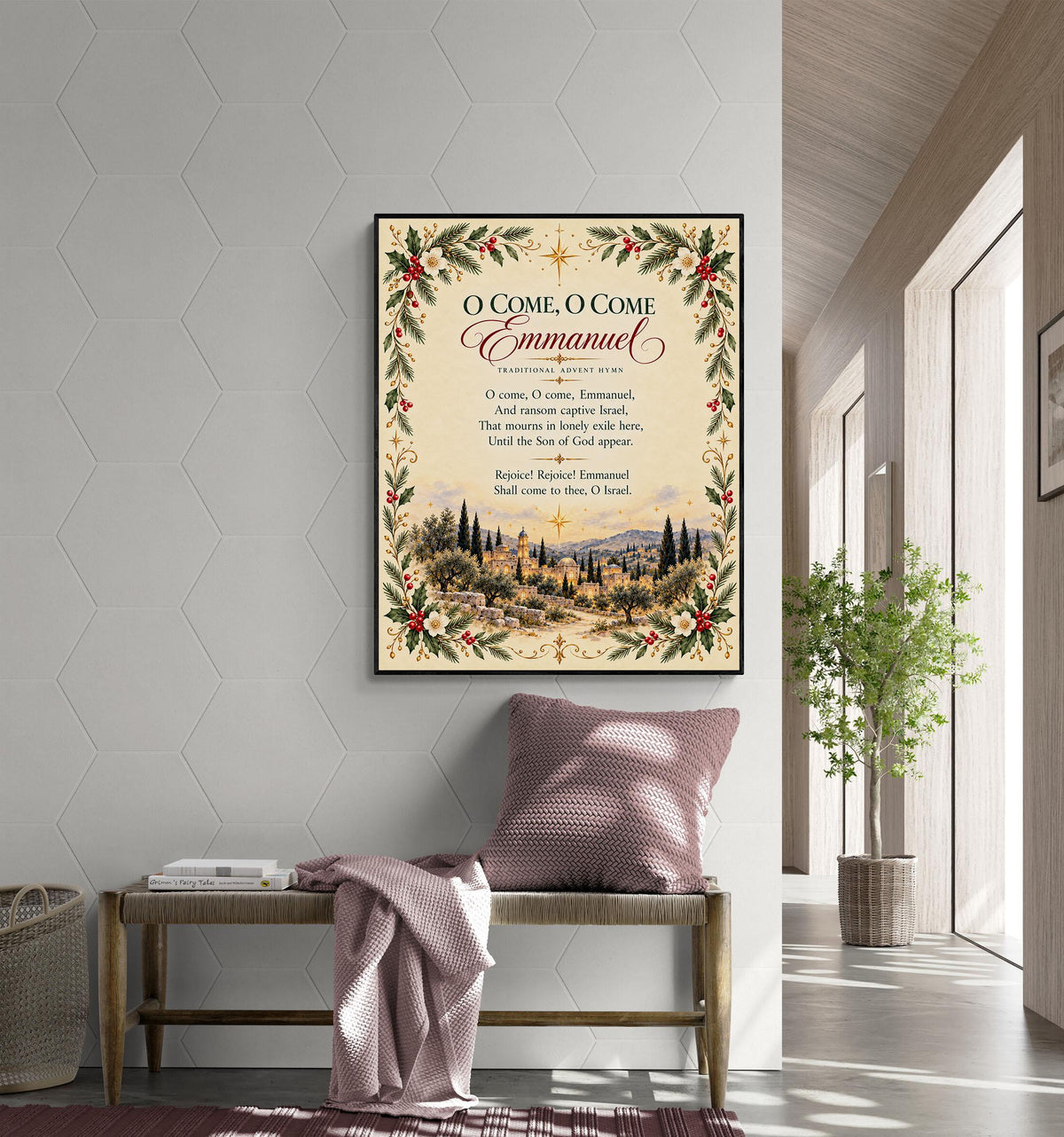 O Come Emmanuel Art Print, Christmas Floral Hymn Holiday Wall Artwork, Home Decor