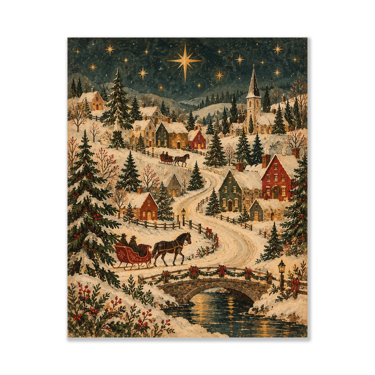 Old World Christmas Village Art Print, Vintage Holiday Wall Artwork, Home Decor