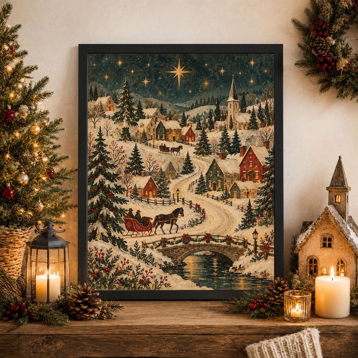 Old World Christmas Village Art Print, Vintage Holiday Wall Artwork, Home Decor