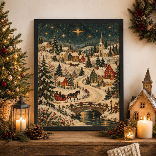 Old World Christmas Village Art Print, Vintage Holiday Wall Artwork, Home Decor