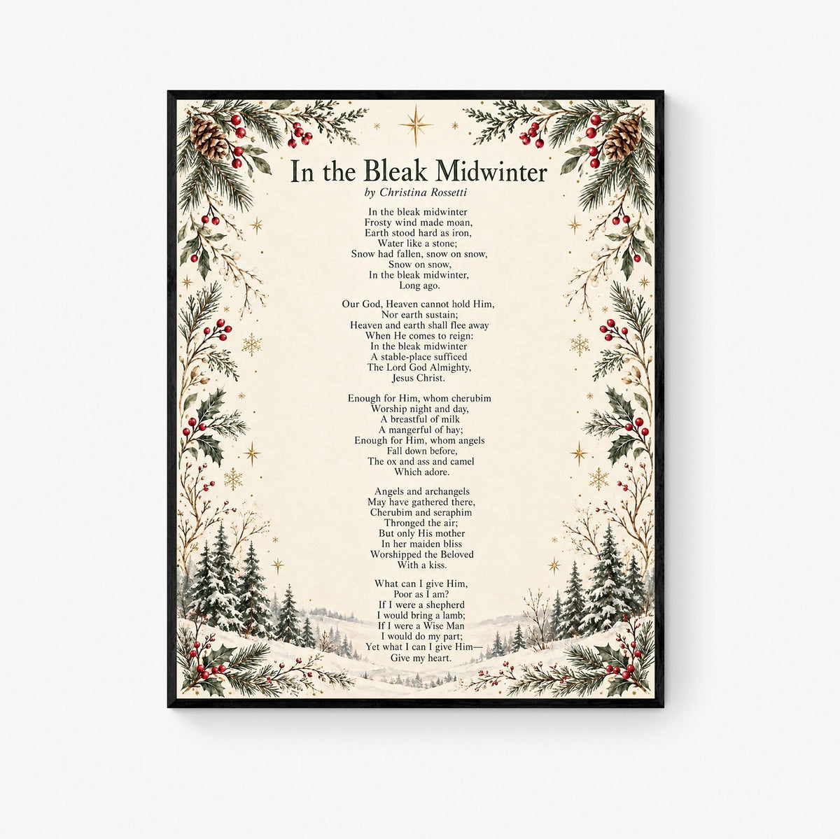 In The Bleak Midwinter Christmas Art Print, Christina Rosetti Poem Holiday Wall Artwork, Home Decor