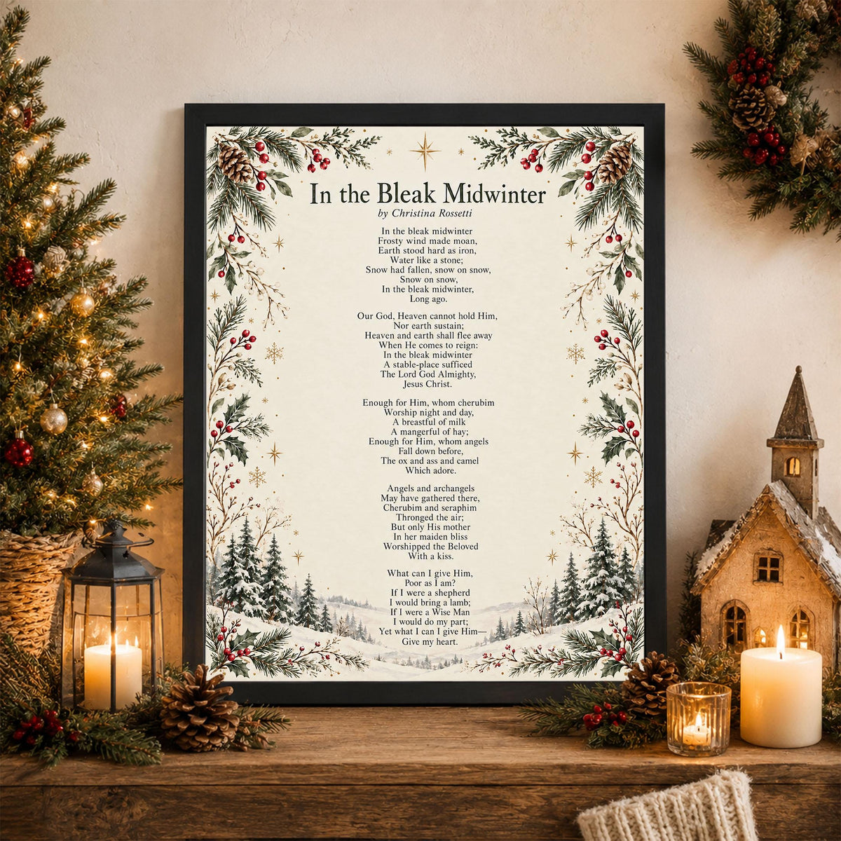 In The Bleak Midwinter Christmas Art Print, Christina Rosetti Poem Holiday Wall Artwork, Home Decor