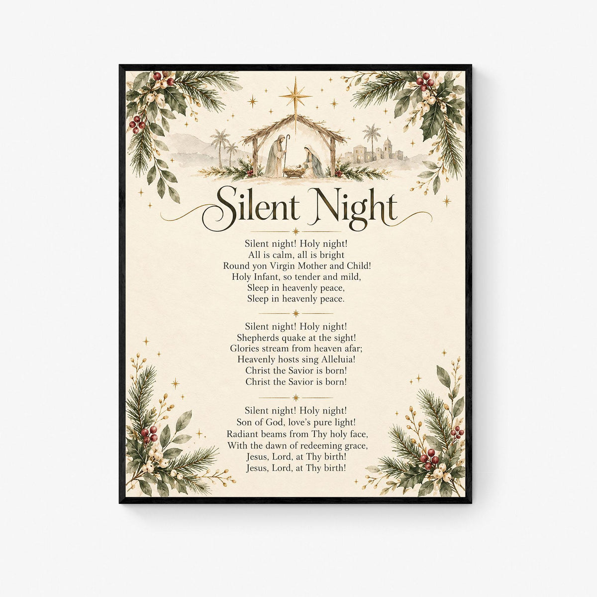 Silent Night Art Print, Christmas Floral Hymn Holiday Wall Artwork, Home Decor