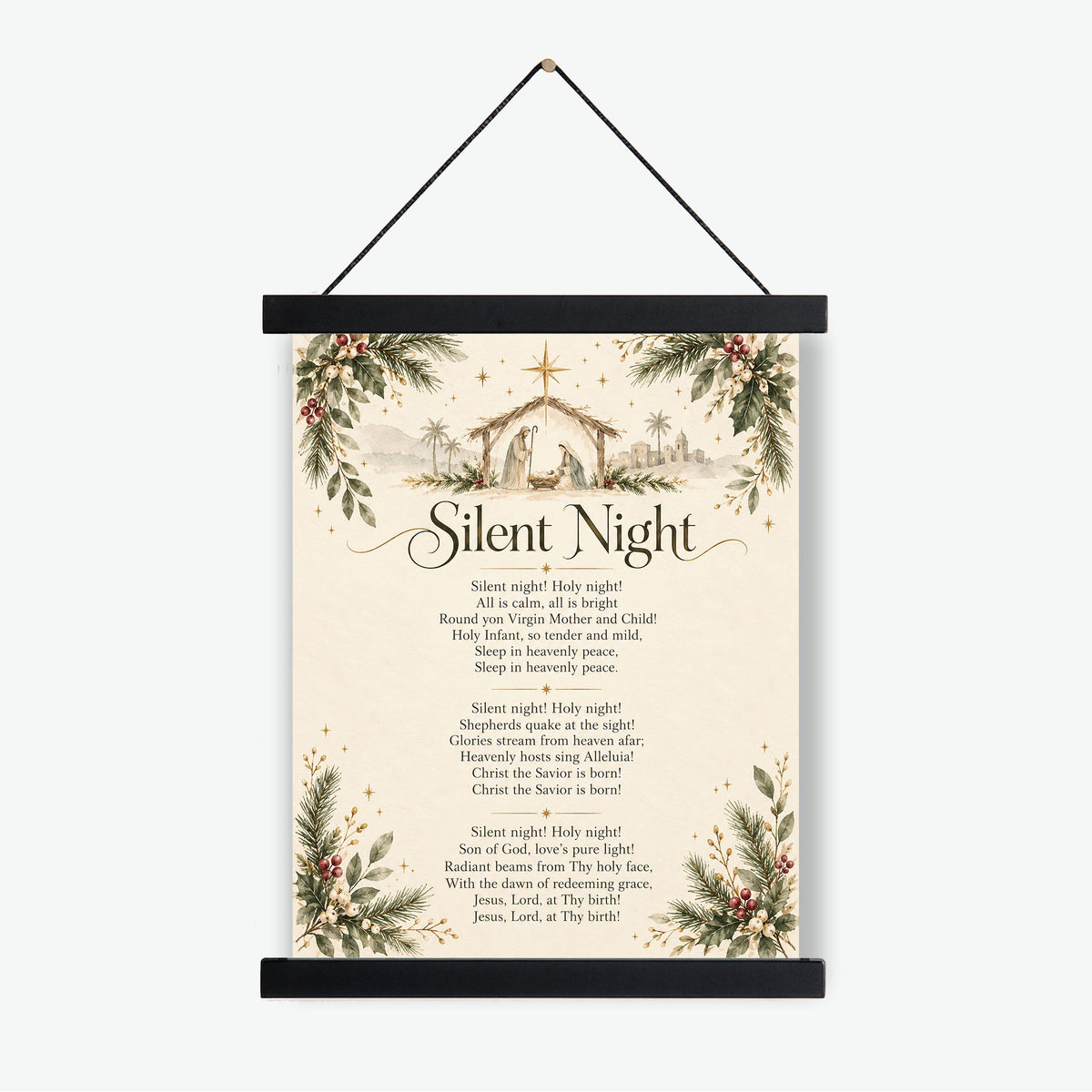 Silent Night Art Print, Christmas Floral Hymn Holiday Wall Artwork, Home Decor