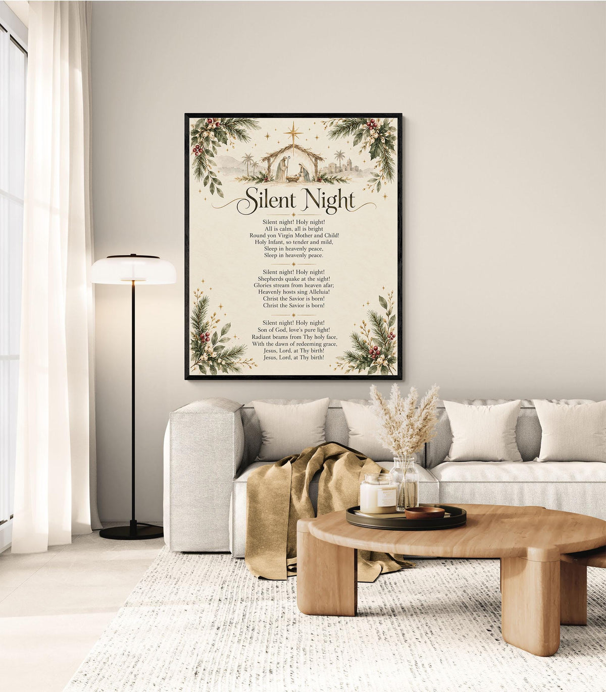 Silent Night Art Print, Christmas Floral Hymn Holiday Wall Artwork, Home Decor