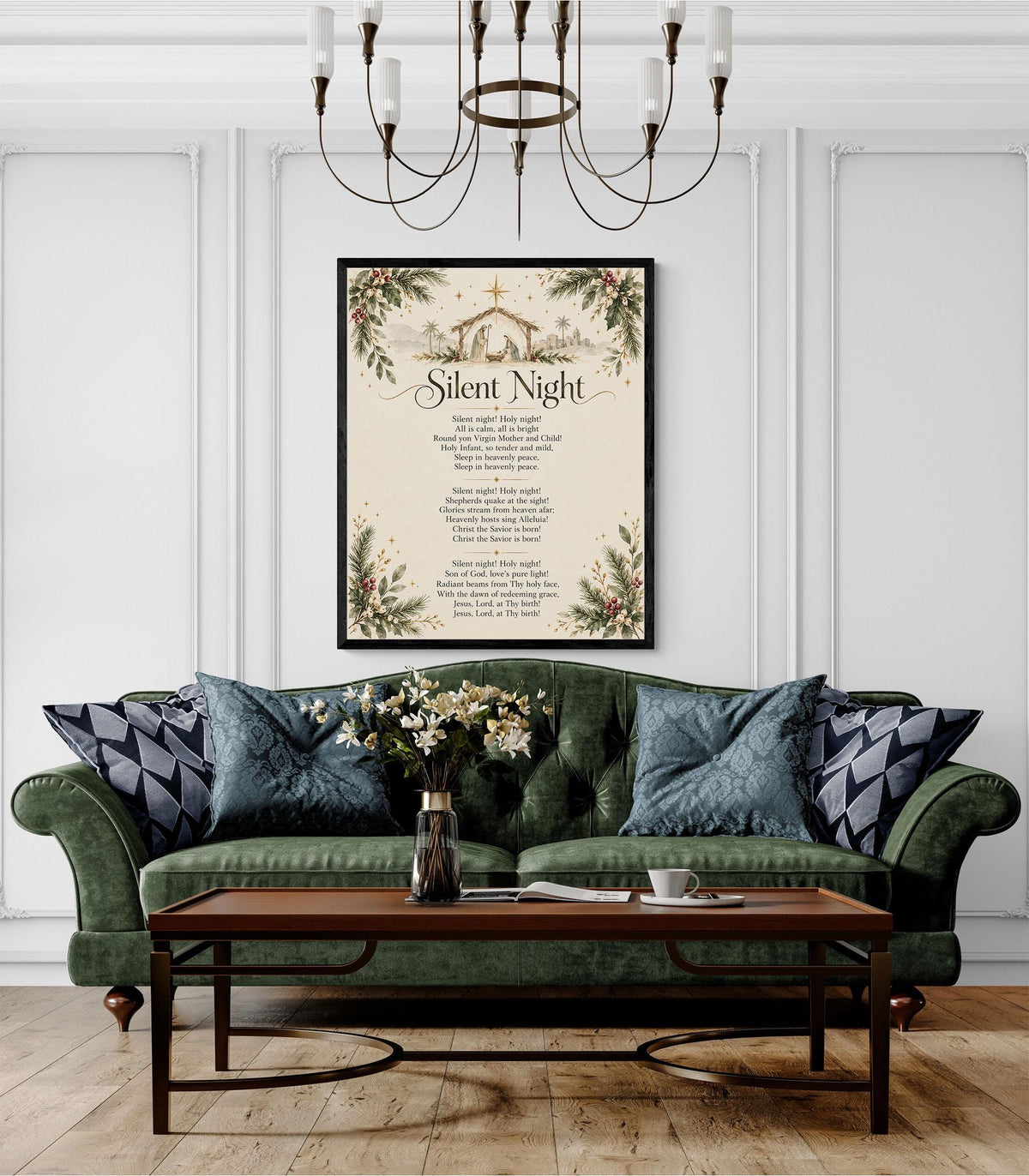 Silent Night Art Print, Christmas Floral Hymn Holiday Wall Artwork, Home Decor