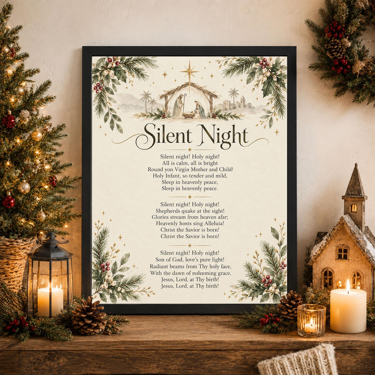 Silent Night Art Print, Christmas Floral Hymn Holiday Wall Artwork, Home Decor