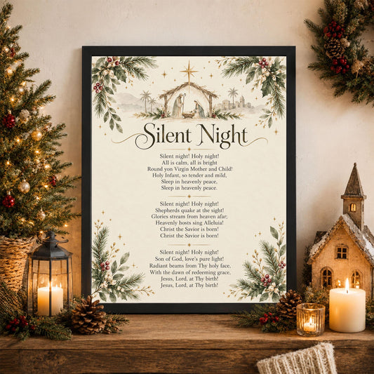 Silent Night Art Print, Christmas Floral Hymn Holiday Wall Artwork, Home Decor