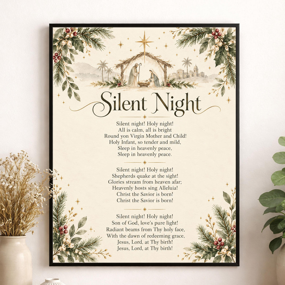 Silent Night Art Print, Christmas Floral Hymn Holiday Wall Artwork, Home Decor