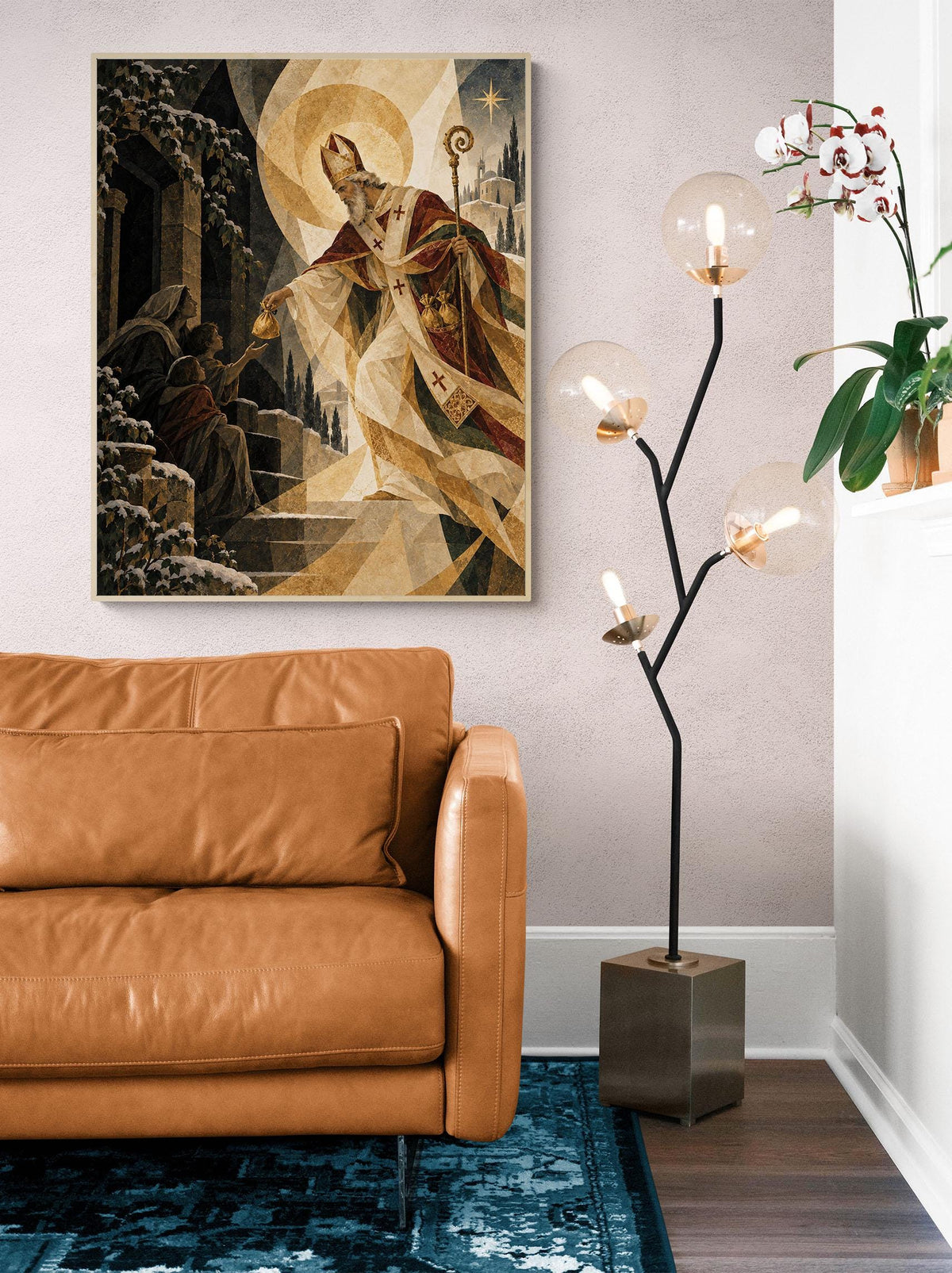Saint Nicholas Christmas Village Art Print, Beige Holiday Wall Artwork, Home Decor
