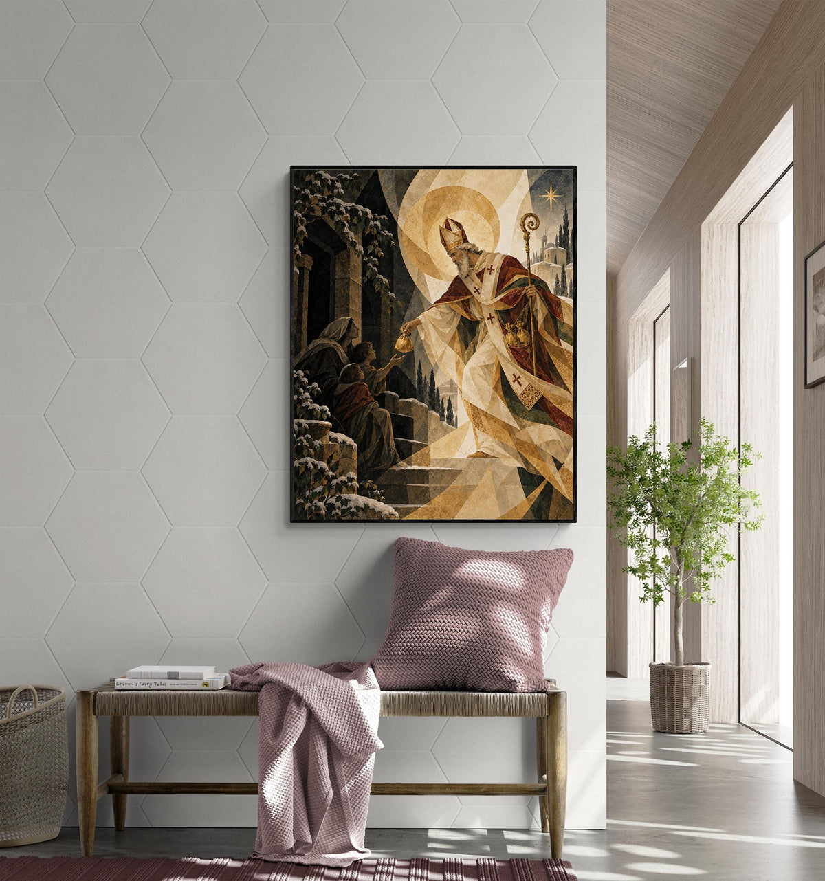Saint Nicholas Christmas Village Art Print, Beige Holiday Wall Artwork, Home Decor