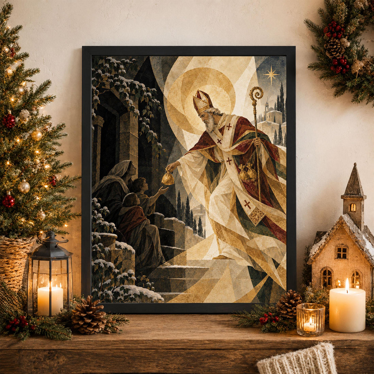 Saint Nicholas Christmas Village Art Print, Beige Holiday Wall Artwork, Home Decor