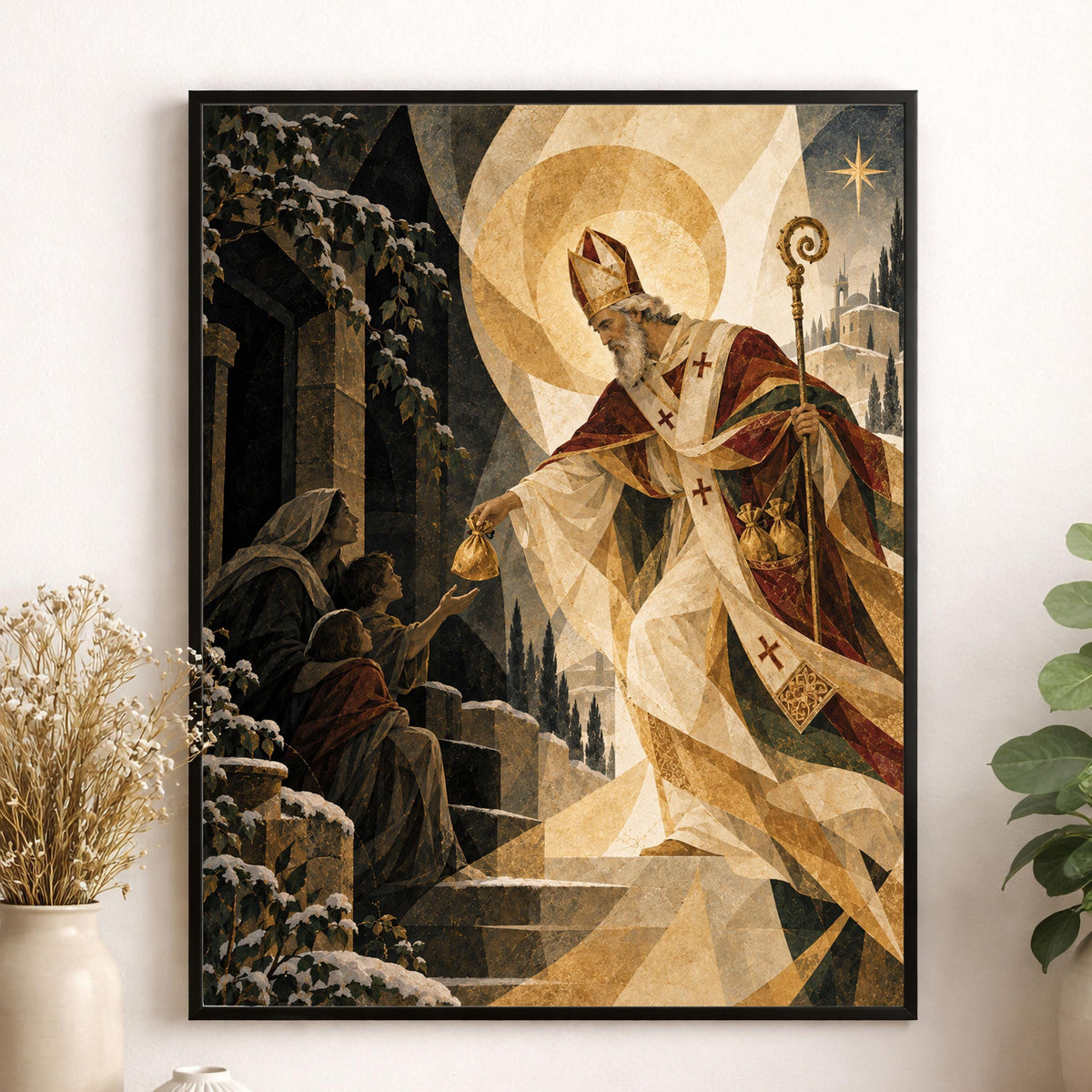Saint Nicholas Christmas Village Art Print, Beige Holiday Wall Artwork, Home Decor