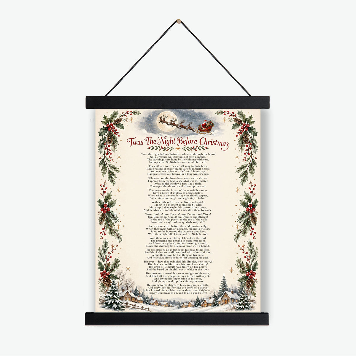 Twas The Night Before Christmas Art Print, Clement Clarke Poem Holiday Wall Artwork, Home Decor