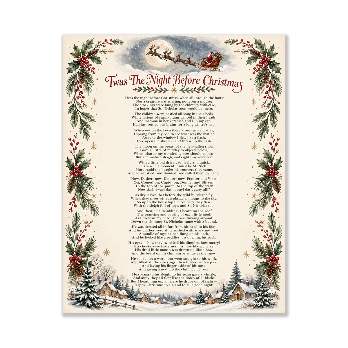 Twas The Night Before Christmas Art Print, Clement Clarke Poem Holiday Wall Artwork, Home Decor