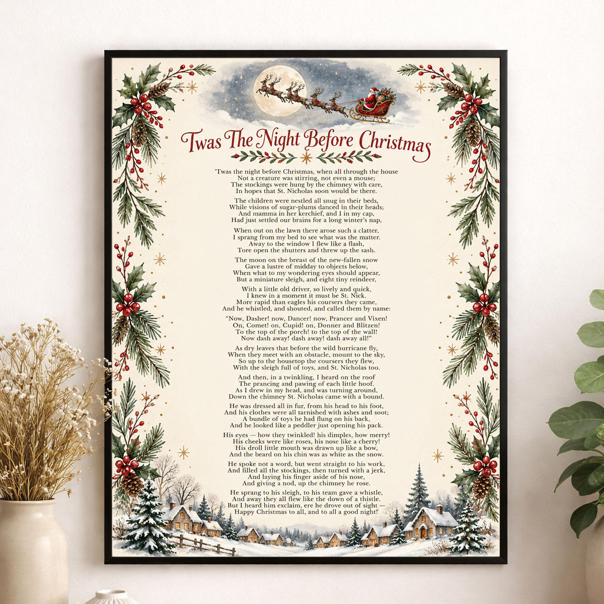 Twas The Night Before Christmas Art Print, Clement Clarke Poem Holiday Wall Artwork, Home Decor