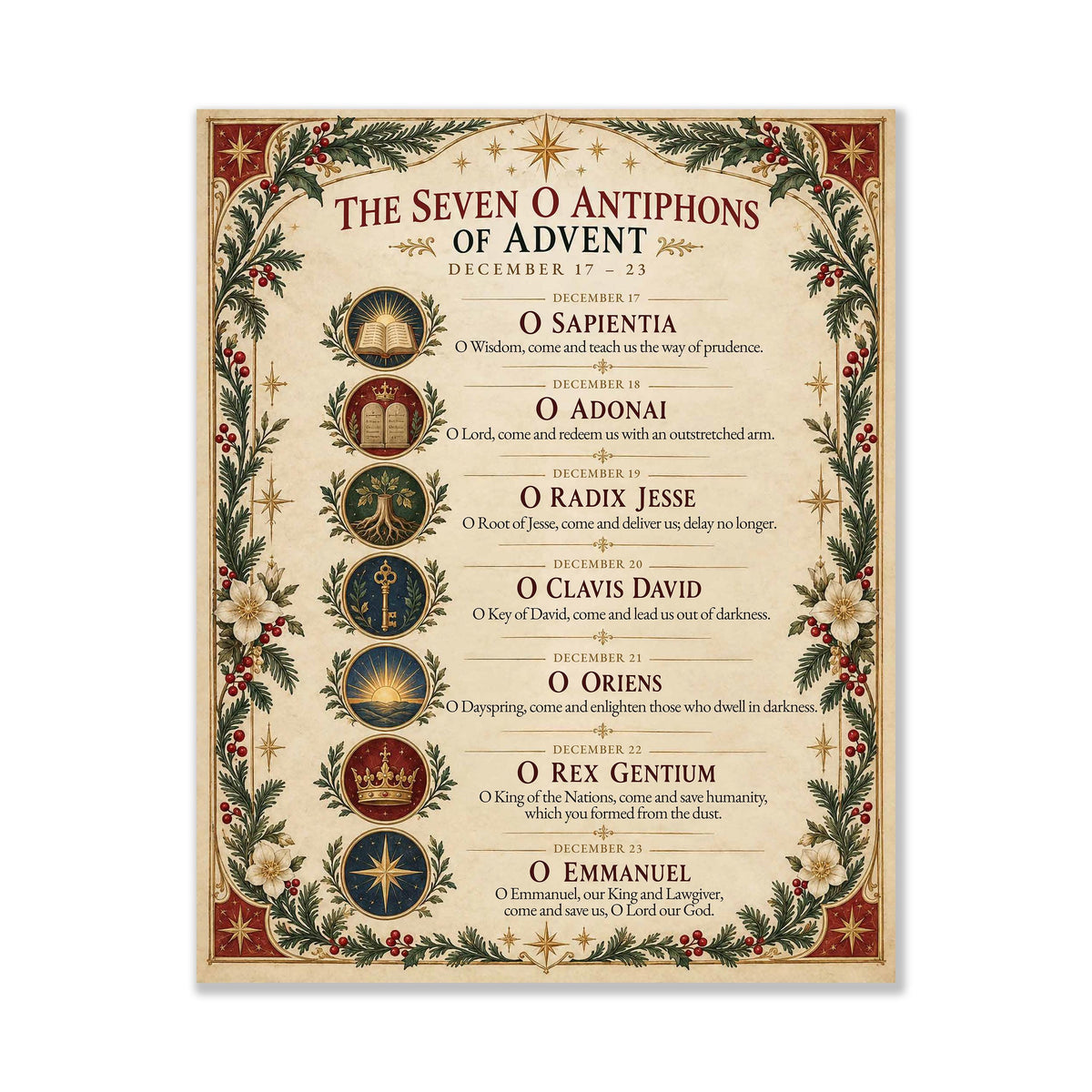 Seven O Antiphons of Advent Art Print, Christmas Advent Wall, Christian Liturgical Home Decor