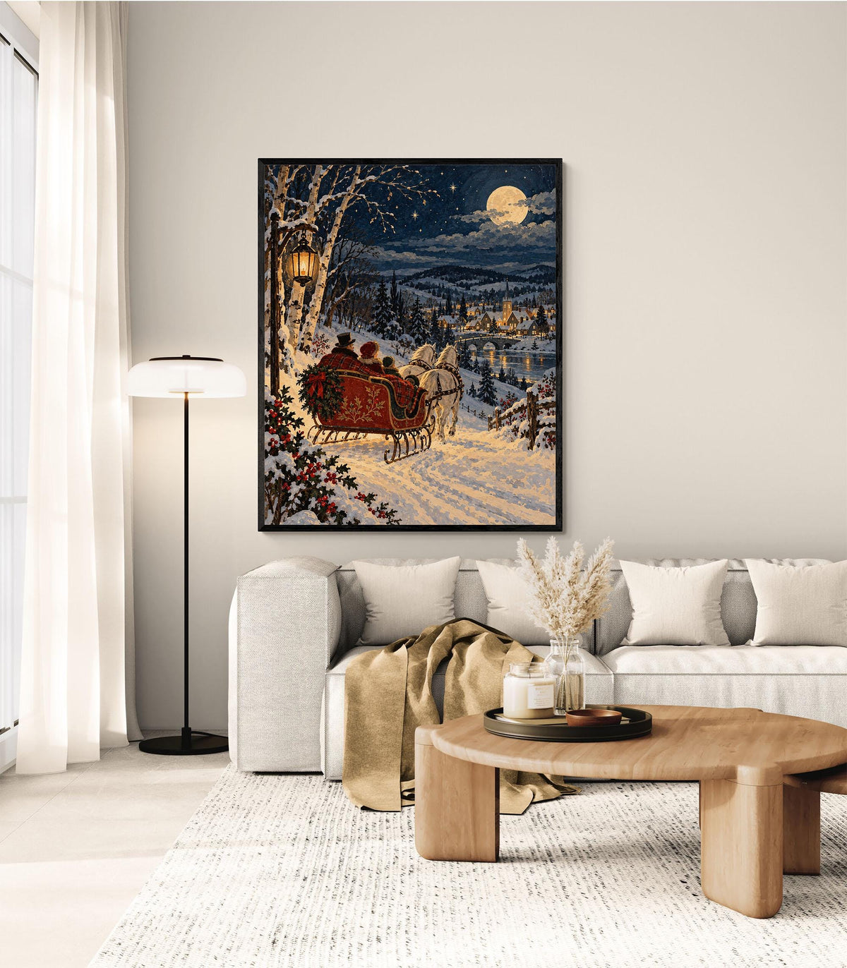 Vintage Christmas Sleigh Art Print, Snowy Village Wall, Victorian Winter Landscape, Holiday Home Decor